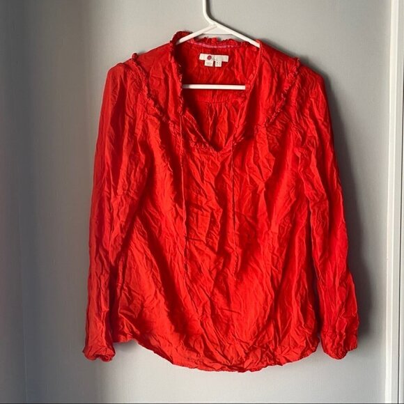 Boden Red Orange Long Sleeve Ruffle Blouse - Picture 2 of 7